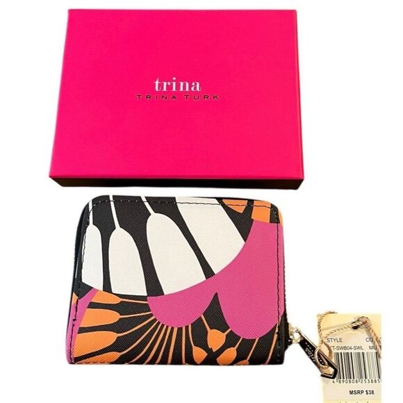 Trina Turk Pink Black Whitel Zip ARoundWallet CardHolder Gift Boxed NWT - Picture 1 of 5